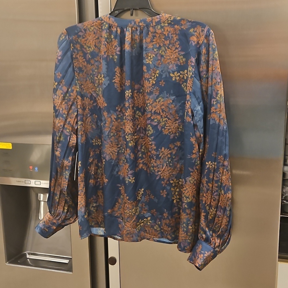 💕SKIES ARE BLUE💕Long-Sleeve Button-Down Blouse ~ Teal Mustard Print  NWT - Picture 9 of 14